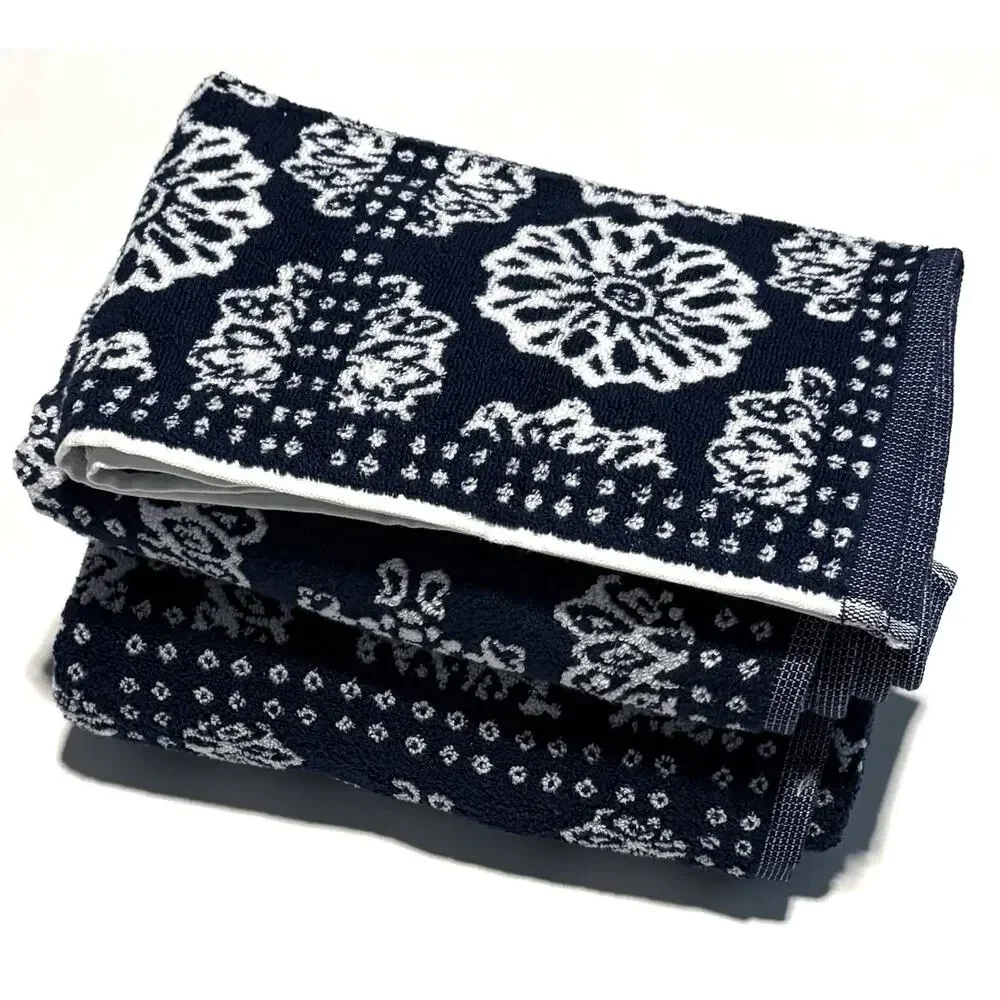Wrangler Bath Hand Towels Bandana Blue Set Of 3 Pcs Floral White Flowers NWT